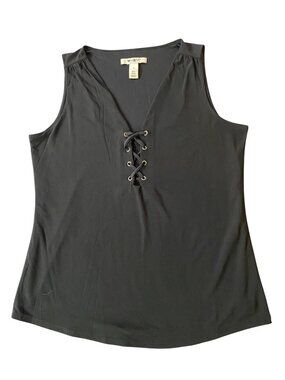 WHBM Black Sleeveless Lace-Up V-Neck Top Polyester Spandex Blend Small
